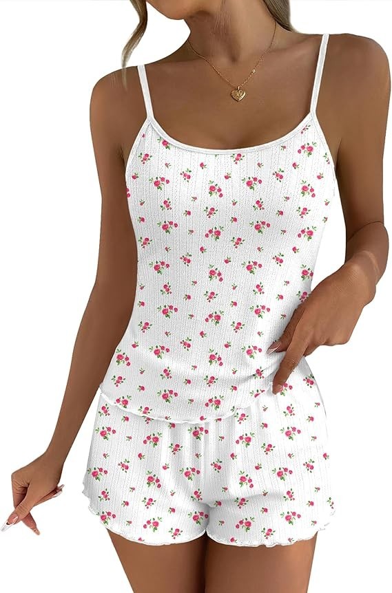 EKOUAER Tank Top & Shorts Pajama Set White W/ Floral Print Women's Small