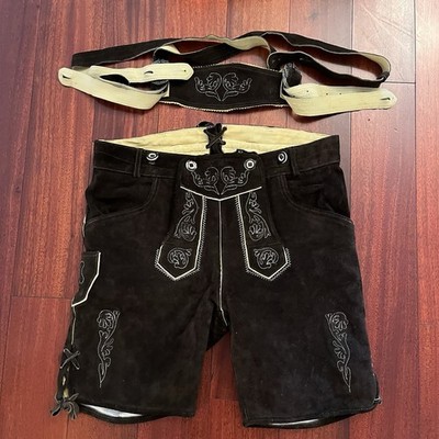 Authentic German Mens Brown Lederhosen Oktoberfest L Size 52 (36 Waist) Bavarian