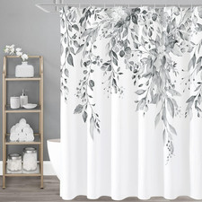 Gibelle Grey Eucalyptus Shower Curtain, Watercolor Plant Leaves with Floral Bath