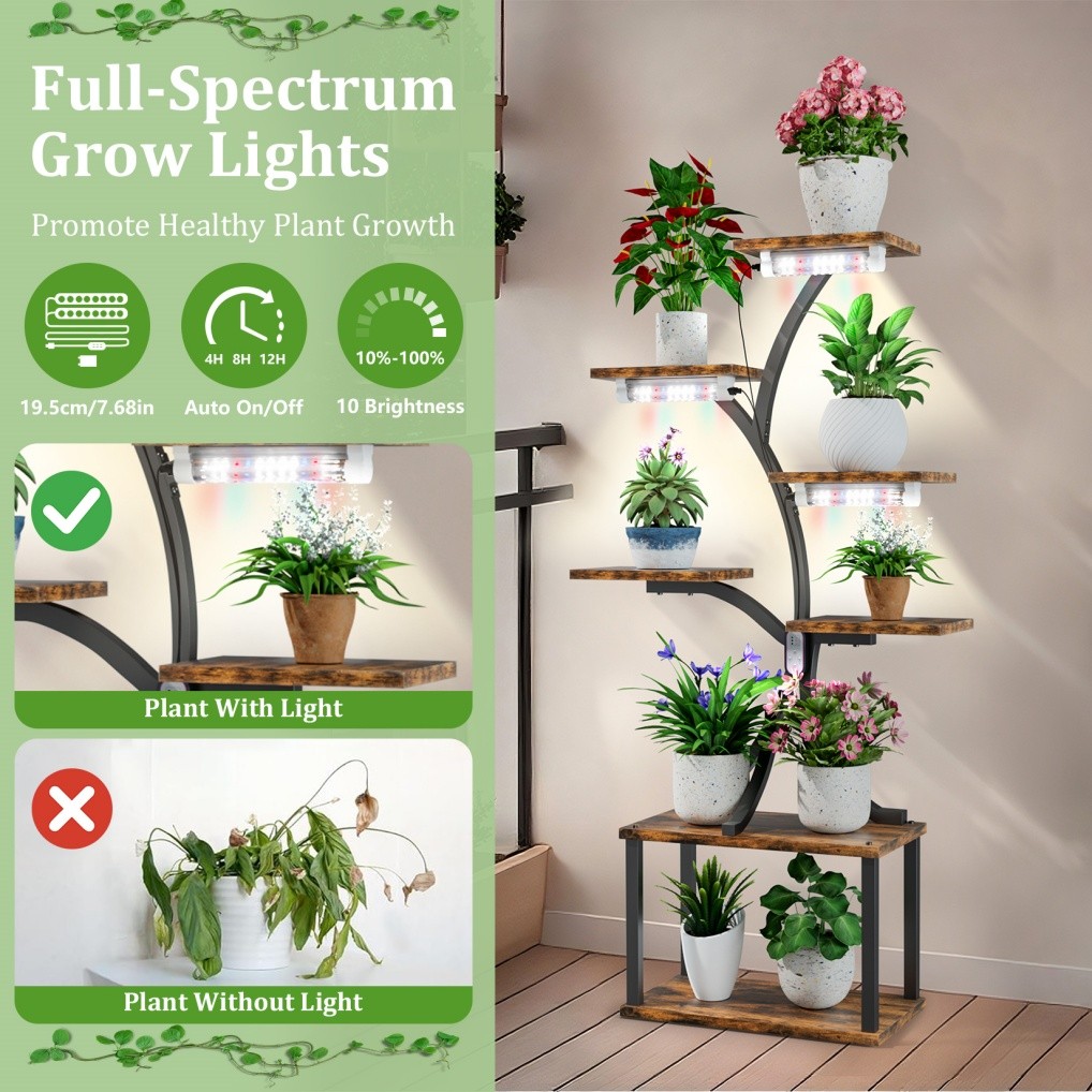 Heavy Duty Plant Stand Indoor with Grow Lights Tall Plant Shelf Tree-Shaped Rack