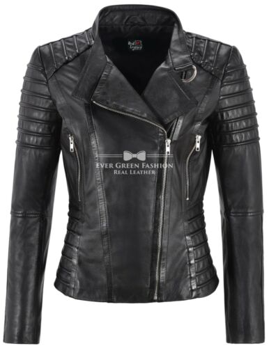 Damas Chaqueta de Cuero Clásica Motociclista Moda Estilo 100% CUERO REAL Chaqueta 9393 - Imagen 2 de 36