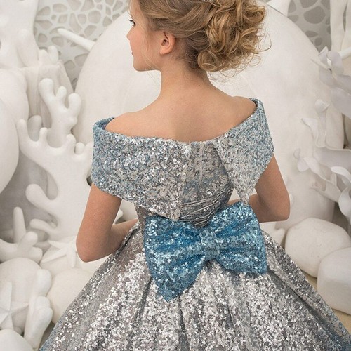 Kids Prom Dresses Girls Sequins Ball Gowns Evening Party Dress Blue and white - Picture 4 of 11