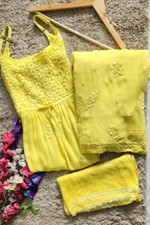 Chikankari Yellow Kurta Garara Suit Set with Dupatta, Indian Wedding Dress Women