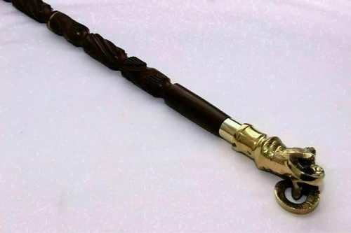 Antique Brass Solid GOAT Head Handle Vintage Victorian Walking Stick Wooden Cane - Picture 3 of 4