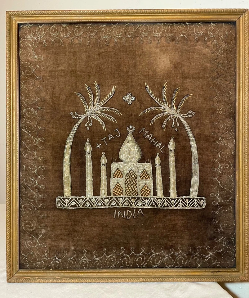Antiguo arte de aguja indio Taj Mahal de terciopelo bordado a mano del siglo XIX Foto 3 de 4