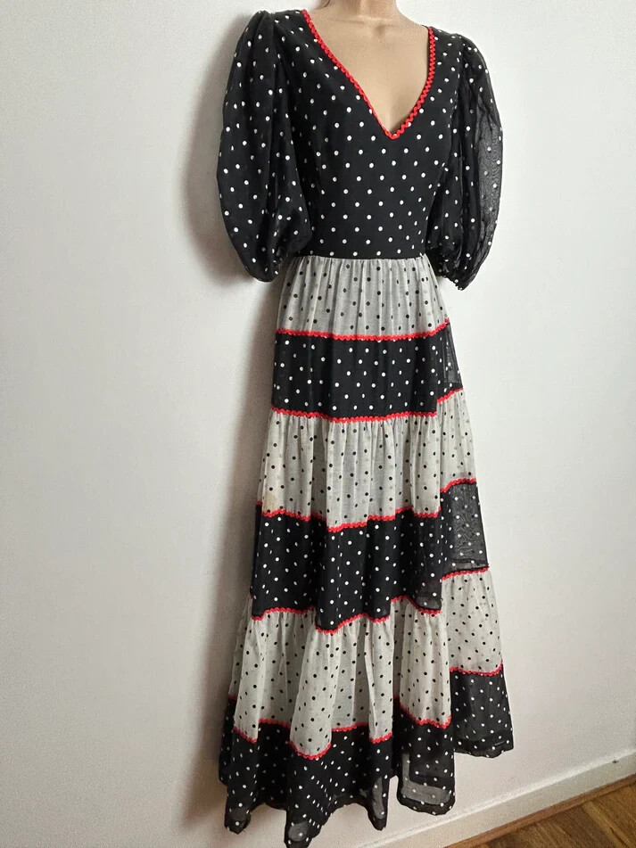 Vintage 70s LAURA PHILLIPS Black & White Polka Dot Ric Rac Trim Maxi