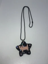 Kawaii Pop Resin Baby Pink Cat on Black Glittery Star Pendant Necklace NWOT