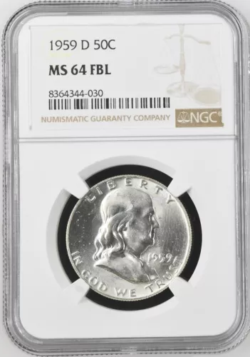 1959-D  FRANKLIN US Half Dollar,   MS64 by NGC,   FBL,   a SUPERB coin!!!!
