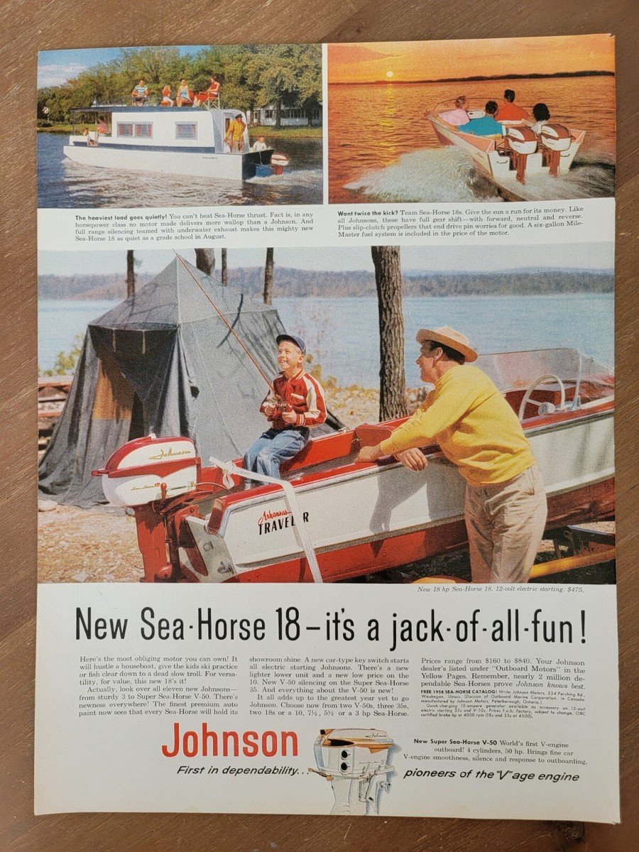 Original Vintage 1950&rsquo;s 1958 Print Ad Johnson Sea Horse 18 HP 