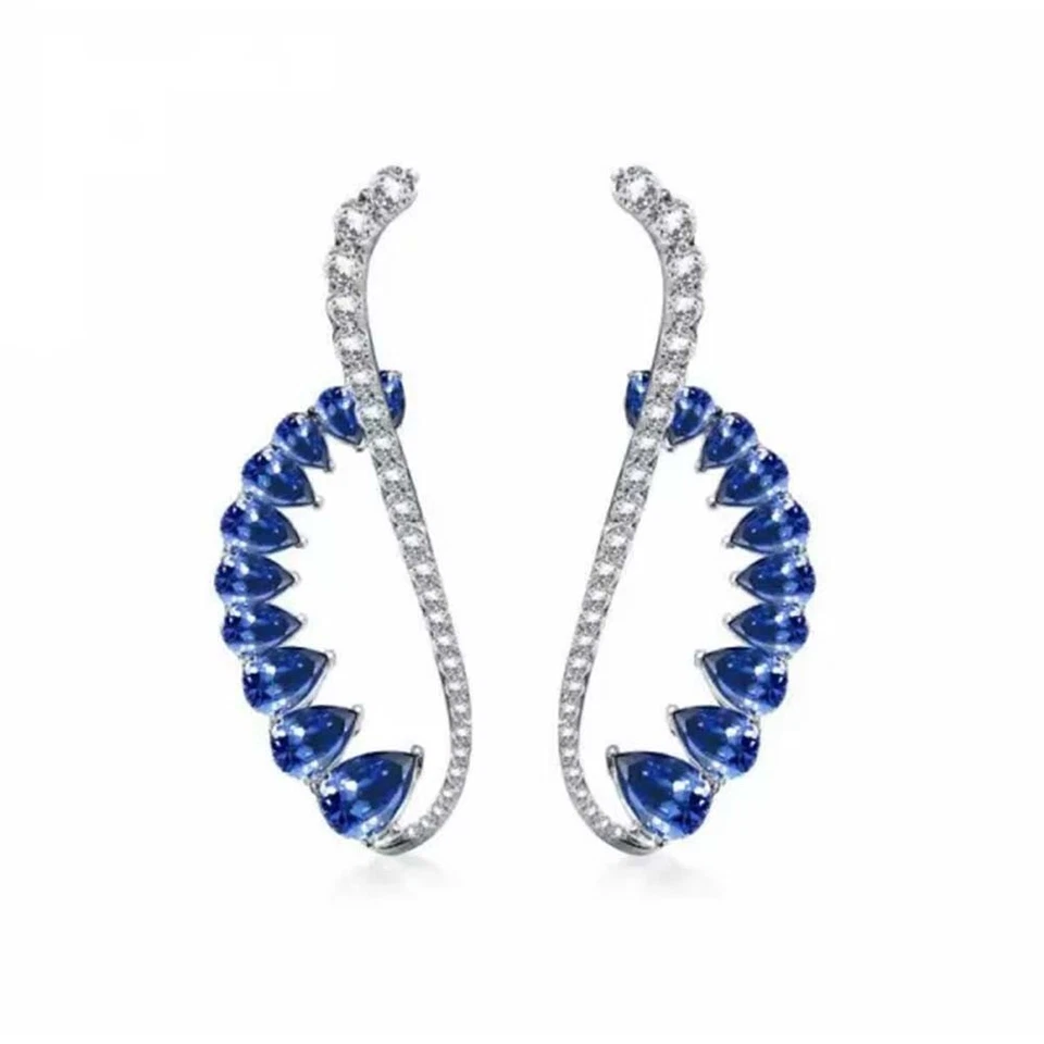 Pendientes brazalete de zafiro y diamantes creados en laboratorio enchapados en oro blanco de 14K regalos de boda Foto 4 de 4