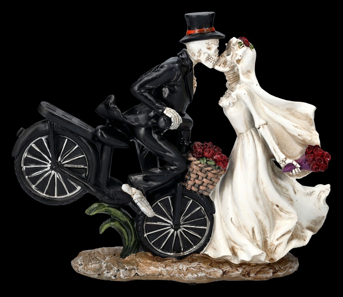 Skeleton Figures - Bride and Groom Kissing On Bicycle Gothic Decorative 23cm