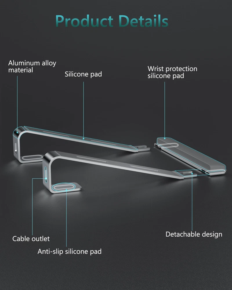 Aluminum Laptop Stand for Desk with Detachable Wrist Rest & Ergonomic Riser