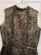 Vtg 60s Black  Metallic Gold Brocade Cocktail Wiggle Pencil Dress Sz S/M