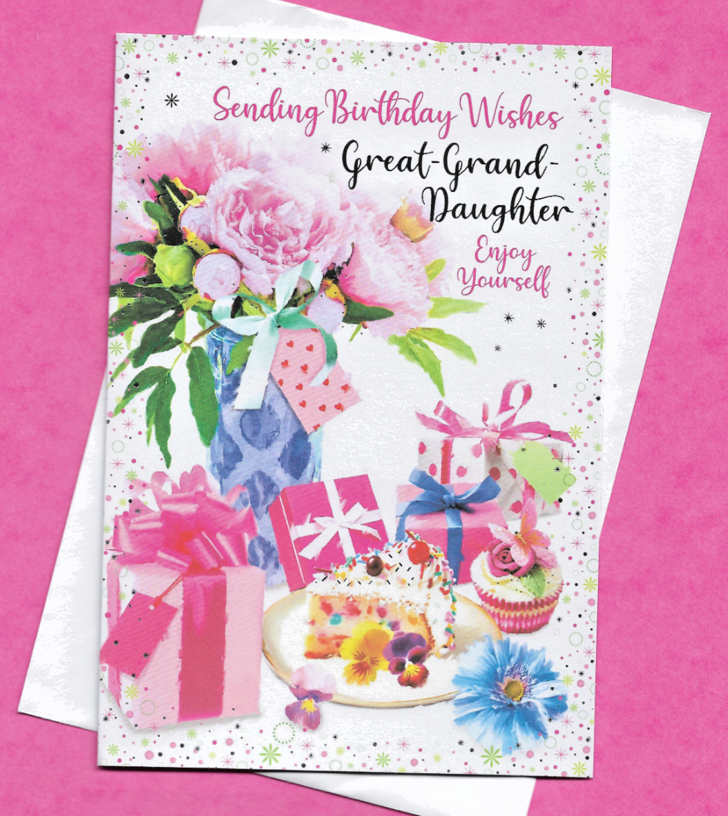 Great Granddaughter Birthday Card Pink Nice Flowers Floral Cupcake Adult 19x13cm