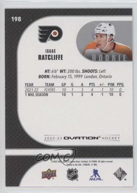 2022-23 Upper Deck Ovation Rookies Isaac Ratcliffe #198 Rookie RC - Image 2 of 2