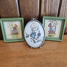 Holly Hobbie Vintage Framed Wall Hangings 1970's, 2 Wood Framed One, Gold Tone