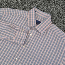 David Donahue Dress Shirt Mens 17.5 36/37 Blue Pink Plaid Cotton Long Sleeve