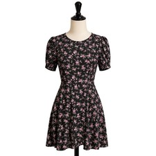 Forever 21 Womens Black Pink Floral Puff Sleeve Fit Flare Mini Dress Size Medium