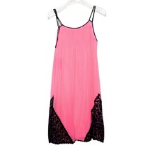 Vintage 60's Bright Pink Nightgown Black Lace Trim Spaghetti Straps Berkliff