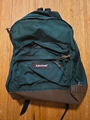 EASTPAK Vintage Green Nylon Backpack Suede Leather Bottom School EUC Made In USA