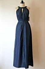 New York & Company Blue Chambray Denim Sexy Halter Cutout Maxi Dress Women XS