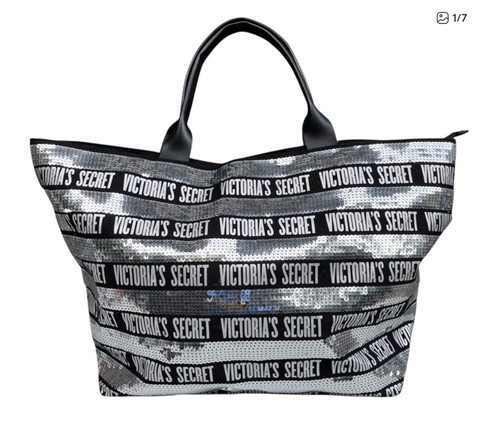 Victoria's Secret Oversized Sequin Tote Bag Large Shopper Purse Black Silver