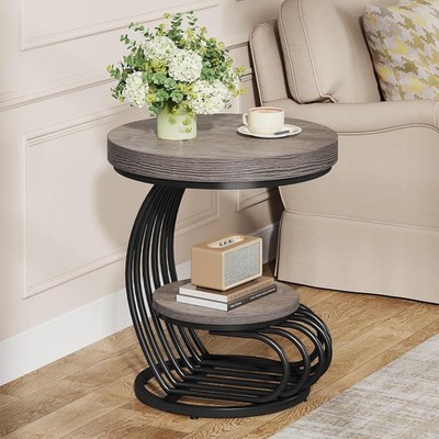 Round End Table, 2-Tier Farmhouse Wood Side Table Accent Table for Living Room
