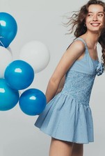 Maeve Smocked Rosette Drop-Waist Mini Dress Anthropologie NWT Blue Gingham