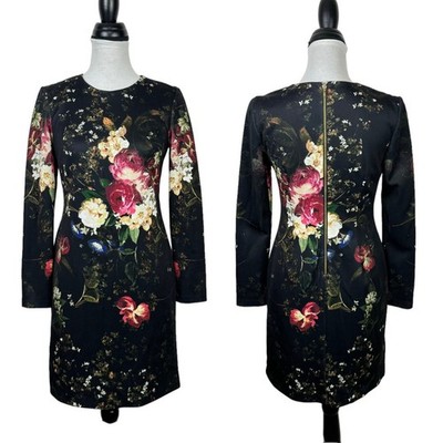 Maia 4 Black Colorful Peony Floral Long Sleeve Knee Length Scuba Sheath Dress
