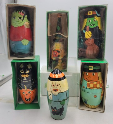 6 Vtg Halloween Wooden Nesting Dolls Witches Black Cat Scarecrow Frankenstein