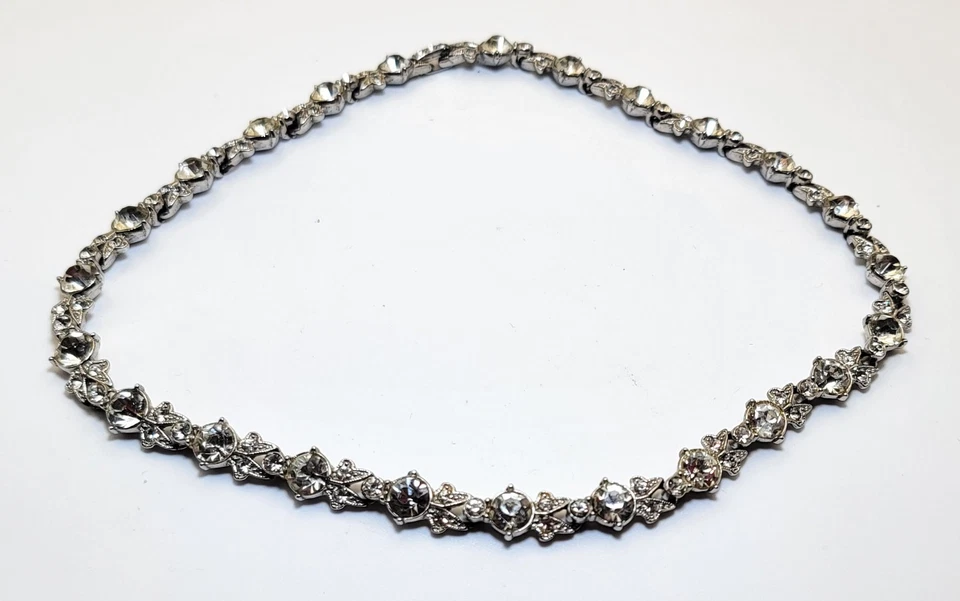 Vintage 40s Firmato ORA Placcato Rodio Trasparente Strass 39.4cm Collana - Immagine 2 di 4