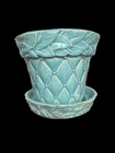 McCoy USA Turquoise Pottery Planter Attached Saucer MCM Diamond Bead Leaf