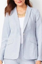 NWT Talbots Women  s Size 16W Blue Striped Linen Blend Lined One Button Blazer