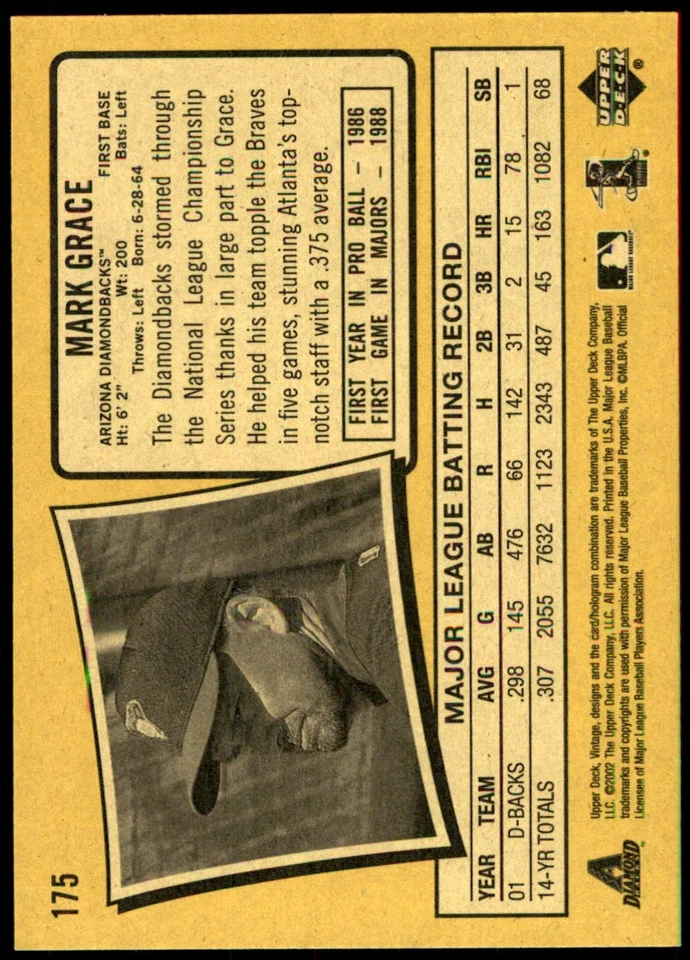 Mark Grace 2002 Upper Deck Vintage #175 Diamondbacks MLB READ FREE SHIPPING - Image 2 of 2