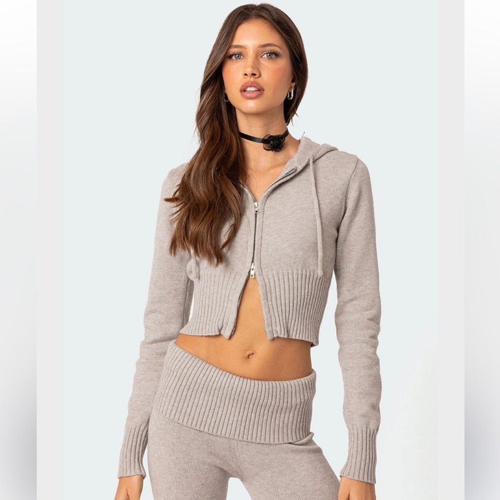 Edikted Desiree Knitted Hooded Cardigan in Gray Melange