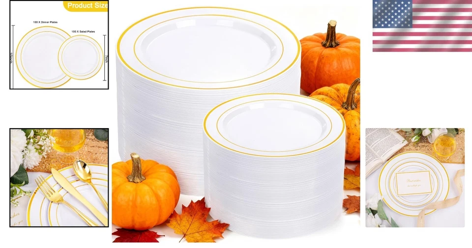 Juego de platos desechables de plástico dorado 200 piezas elegante cena y postre para fiestas Foto 2 de 4