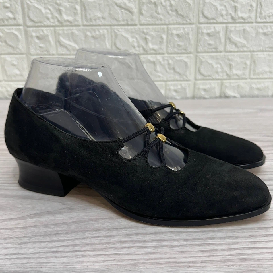 Zapatos Mootsies Tootsies Talla 7.5 Bomba Negro Gamuza Tacones Gruesos Cruz Correa Elástica Foto 2 de 4