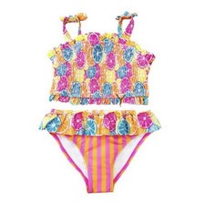 NWT Betsey Johnson Swimsuit 2 Pc Girls 14 Smocked Neon Fruit Stripes Mix Print