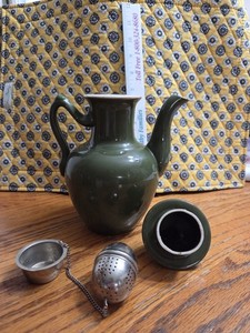 Vintage Tea Kettle Olive Green with  Leaf Holder- No Chips