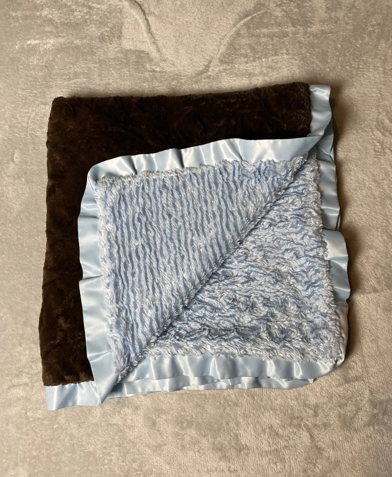 Manta Bebé Marrón Peludo Cachemira Reversible Minky Remolino Azul Satinado Volantes Lovey Foto 2 de 4