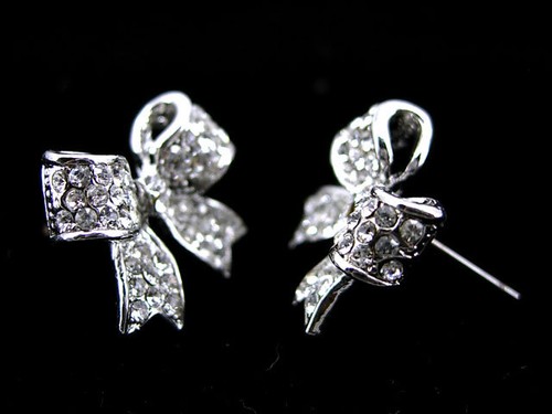 Twinkling White Bow Studs Austria Crystal 18K White Gold-Plated Earrings - Picture 2 of 3