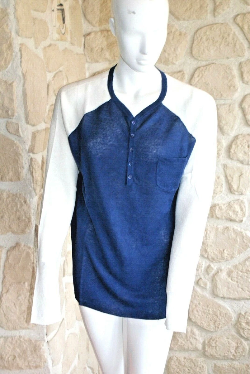 Pull Bleu Col V Avec Boutons Neuf Taille M 100% Lin Marque Terry Lane (sg