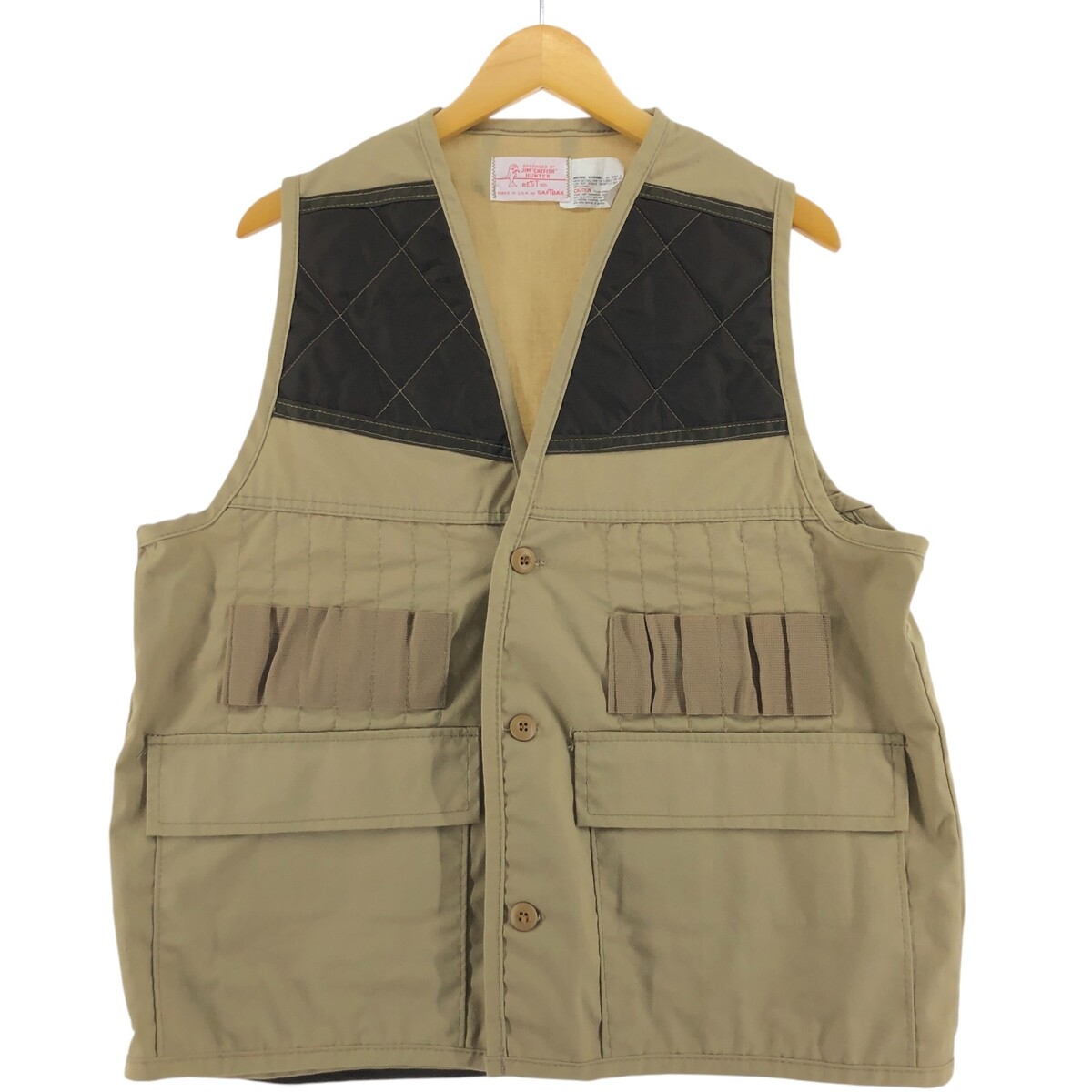グッドスタイル◎USA製80sビンテージJIM CATFISH HUNTERタグ カモ柄フルスナップダウンベスト SM相当マルチカラー アメリカ製アメカジt32 80's JIM CATFISH HUNTER Hunting Vest Made in USA Men's L
