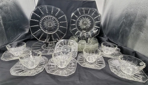 Vintage Federal Glass-Columbia Set/6 Teacups, Saucers, Luncheon & Chop Plates