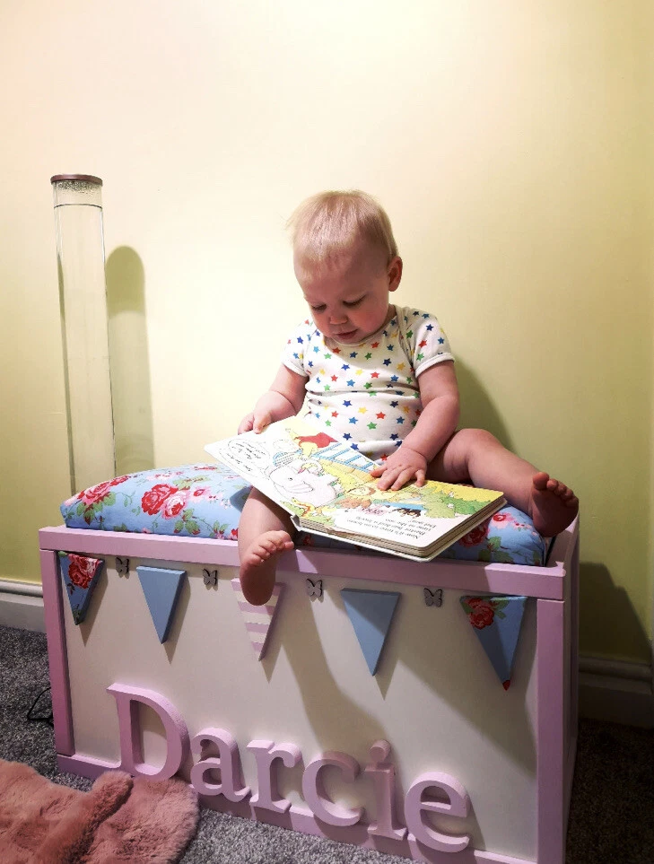 Personalised wooden toy box with Hinged cushioned seat And Safety Piston