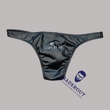 erotic custom embroidery CUM IN ME mens black faux leather bikini underwear