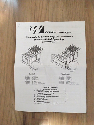 Waterway Plastics Skimmer Renegade Installation and Operating Instructions ONLY