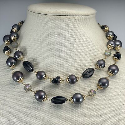 Vintage Hong Kong Gold Tone Gray Acrylic Beaded Two Layer Necklace Classic