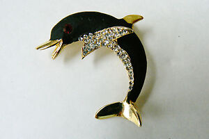Black /& Clear Crystals Dolphins Pin Brooch Pendant