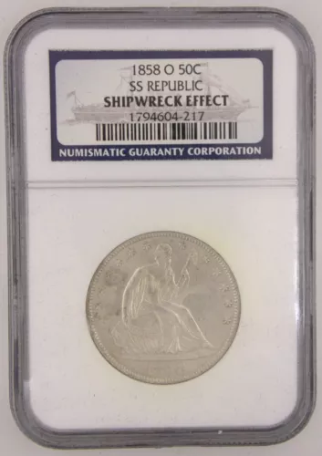 1858-O Half Dollar NGC Authenticated SS Republic Shipwreck in PCS Display Box